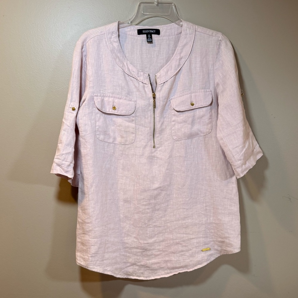 Ellen Tracy Linen Quarter Zip Roll Tab Sleeve Flap Pocket Coastal Grandma‎ Beach